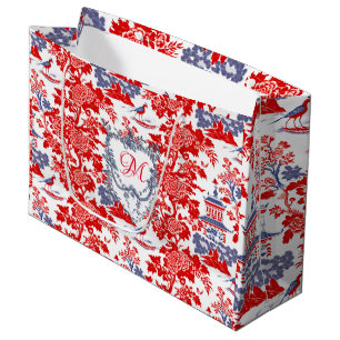 Vintage Chinoiserie Delft French red Blue monogram Large Gift Bag