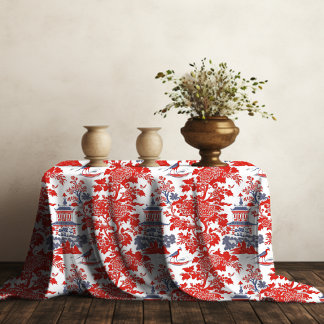 Vintage Chinoiserie Delft French red Blue monogram Tablecloth