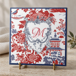 Vintage Chinoiserie Delft French red Blue monogram Tile