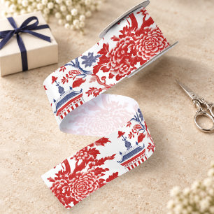 Vintage Chinoiserie Delft French red Blue Satin Ribbon