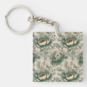 Vintage Chinoiserie Floral Seamless Pattern Key Ring