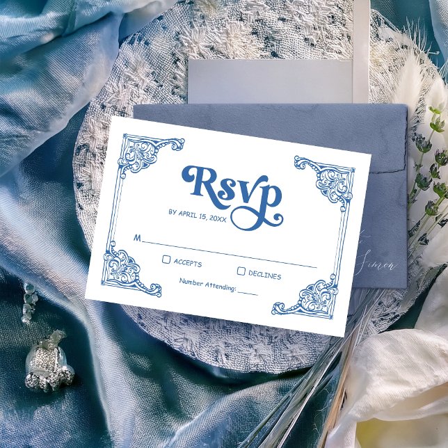 Vintage Chinoiserie Frame Dusty Blue Wedding  RSVP Card (Creator Uploaded)