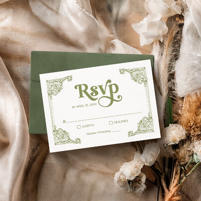 Vintage Chinoiserie Frame Olive Green Wedding  RSVP Card (Creator Uploaded)