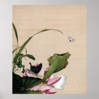 Vintage Chinoiserie Lotus & Butterfly Art