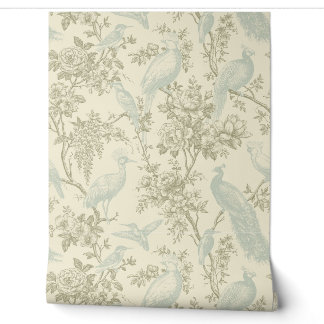Vintage Chinoiserie Peacock Aviary Floral Pattern Wallpaper