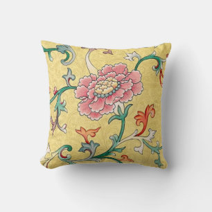 Vintage Chinoiserie Pink Peony Garden on Yellow Cushion