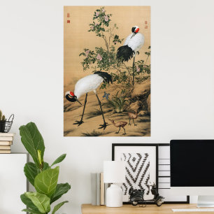 Vintage Chinoiserie Red-Crowned Cranes & Roses Poster