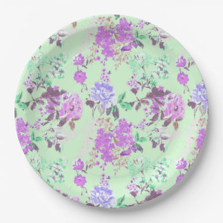 Vintage Chintz Floral Pattern Mint Green Purple Paper Plate