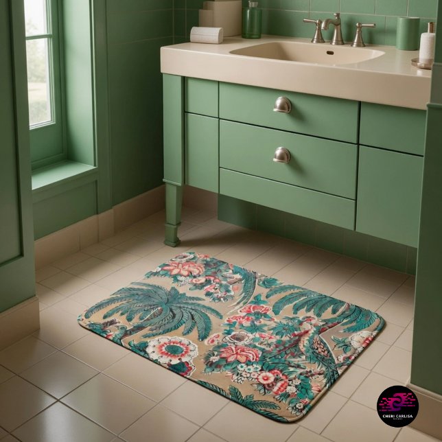 Vintage Chintz Floral Tropical Pattern Bath Mat (Step onto 1936 tropical chintz and bring timeless vintage charm to your bathroom)