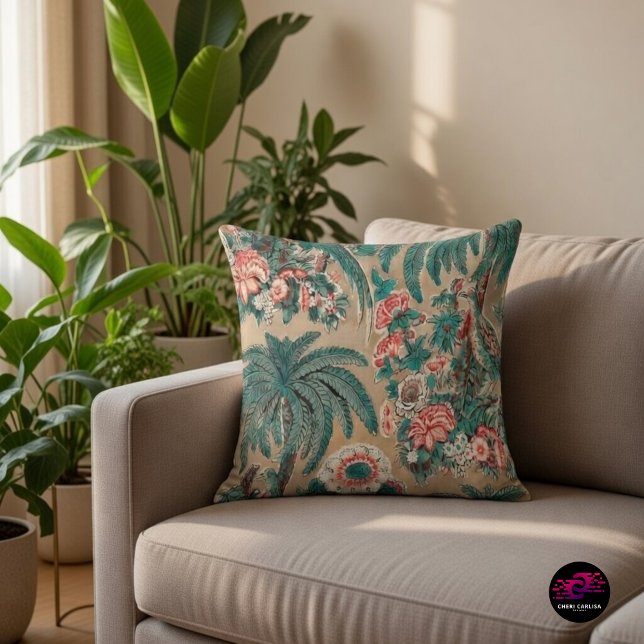 Vintage Chintz Floral Tropical Pattern Cushion (A 1936 tropical chintz throw pillow bringing cozy florals and heritage charm to your space)