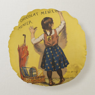Vintage Chocolat Menier French Poster Bouisset Art Round Cushion