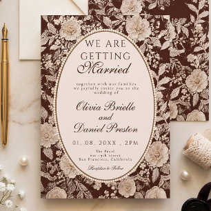 Vintage Chocolate Brown Cream Lace Pearl Wedding Invitation