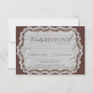 Vintage Chocolate Brown Lace Doily Retro Wedding RSVP Card