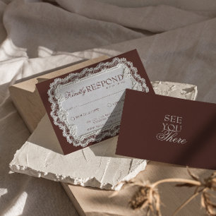 Vintage Chocolate Brown Lace Doily Retro Wedding RSVP Card