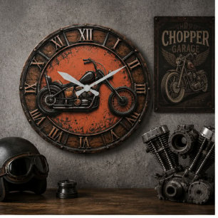 Vintage Chopper Motorcycle Rustic Industrial Large Clock
