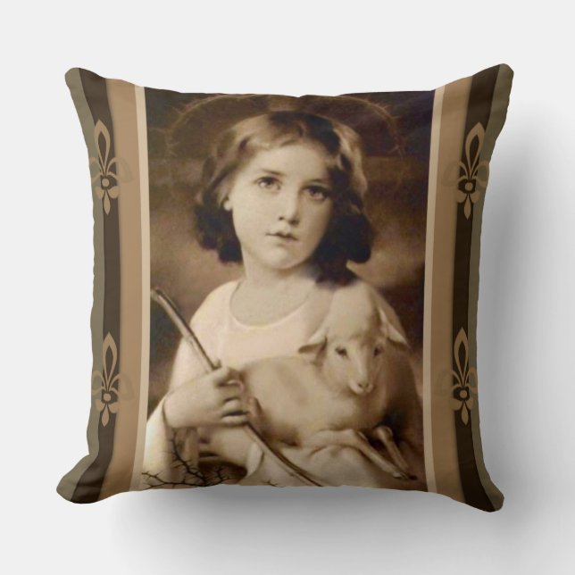 Vintage Christ Child with Lamb & Staff Cushion (Front)