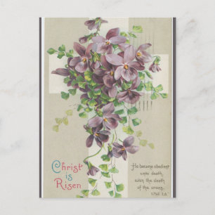 Vintage Christ is Risen Cross Purple Flower Easter Postcard