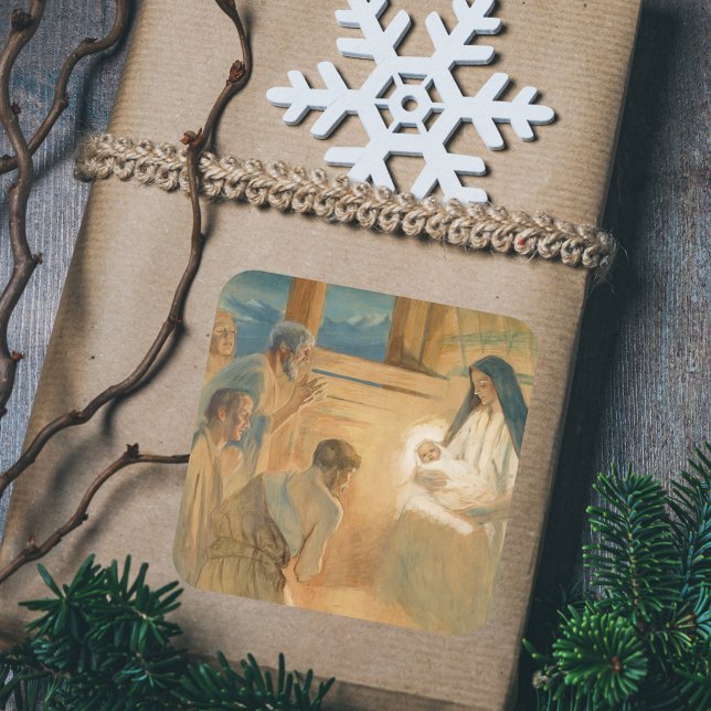 Vintage Christian Christmas Adoration Shepherds Square Sticker (Vintage Religious Christian Catholic Christmas Nativity Scene Adoration of Shepherds Gift Sticker)