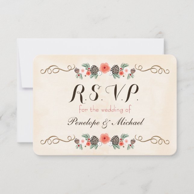 Vintage Christma Floral Pinecone Wedding RSVP Card (Front)
