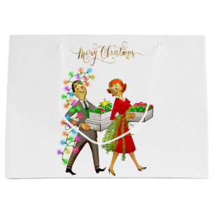 Vintage Christmas 1950's Couple Merry Christmas Large Gift Bag