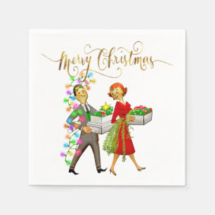 Vintage Christmas 1950's Couple Merry Christmas Napkin