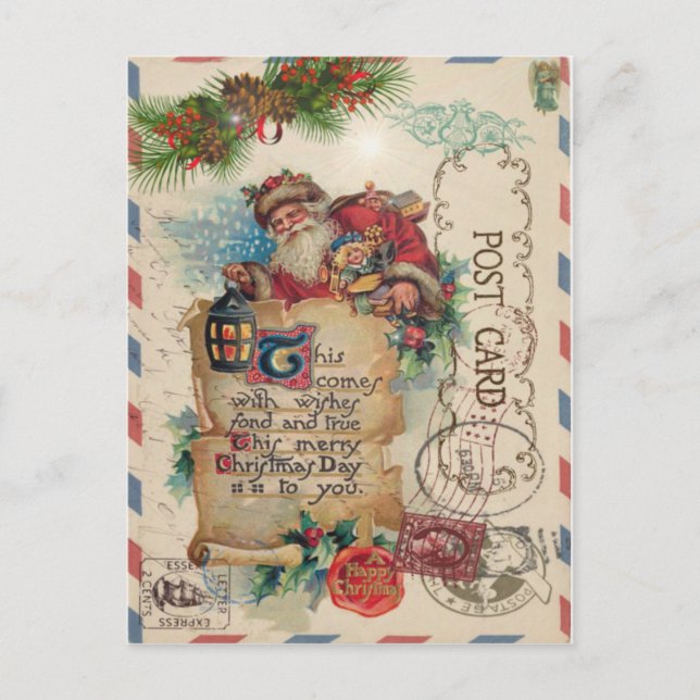 Vintage Christmas Airmail Postcard Santa Claus (Front)
