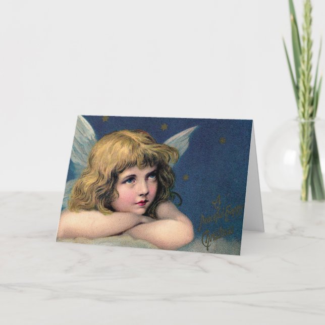 Vintage Christmas Angel and Gold Stars Holiday Card (Front)