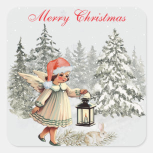 Vintage Christmas Angel and Rabbit Square Sticker