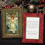 Vintage Christmas Angel and Star Holiday Card<br><div class="desc">Beautiful Christmas angel in flowing white robe and wings,  surrounded by gold star and holly on cloud background bordered by ornate gold frame. Complementary image on reverse with customisable text. Matching address labels and postage stamps available.</div>