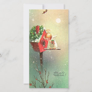 Vintage Christmas Angel At Birdhouse Holiday Card