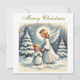 Vintage Christmas Angel, Child and Bird Holiday Card
