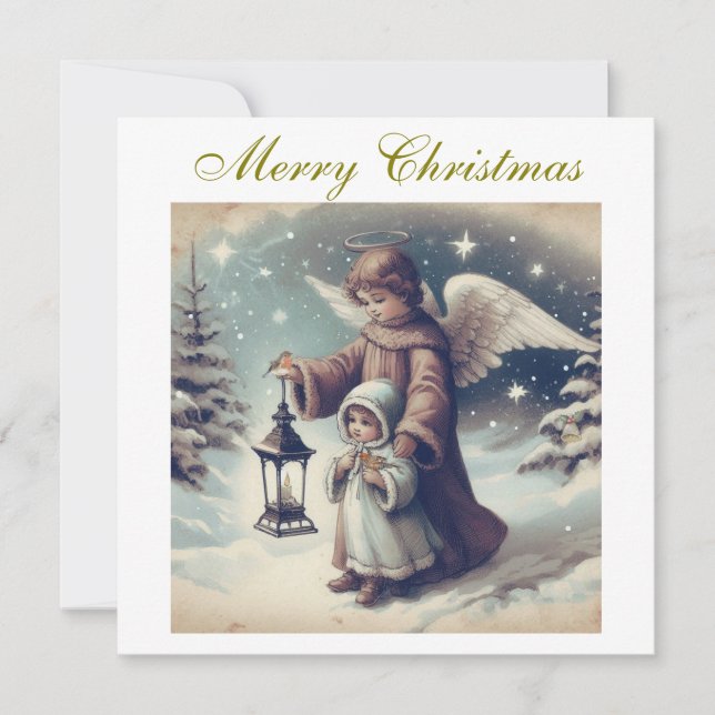  Vintage Christmas Angel ,Child and Birds Holiday Card (Front)