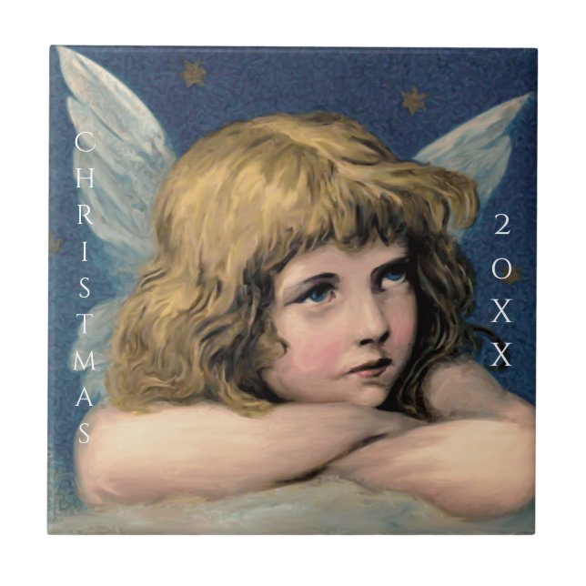 Vintage Christmas Angel Child White Wings Indigo Tile (Front)