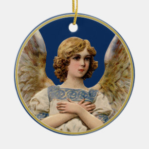 Vintage Christmas Angel Dark Blue Holiday Message Ceramic Tree Decoration