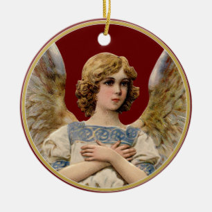 Vintage Christmas Angel Dark Red Holiday Message Ceramic Tree Decoration