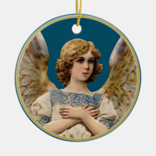 Vintage Christmas Angel Dark Teal Holiday Message Ceramic Tree Decoration