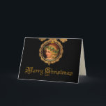 Vintage Christmas Angel Holiday Card<br><div class="desc">Striking design featuring a golden-haired cherub wearing a garland of holly in an ornate golden frame with gold holiday text on black background.</div>