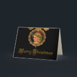 Vintage Christmas Angel Holiday Card<br><div class="desc">Striking design featuring a golden-haired cherub wearing a garland of holly in an ornate golden frame with gold holiday text on black background.</div>