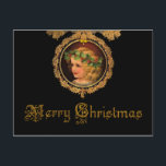 Vintage Christmas Angel Holiday Postcard<br><div class="desc">Striking design featuring a golden-haired cherub wearing a garland of holly in an ornate golden frame with gold holiday text on black background.</div>