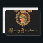 Vintage Christmas Angel in Gold Holly Frame Holiday Card<br><div class="desc">Striking design featuring a golden-haired cherub wearing a garland of holly in an ornate golden frame with gold holiday text on black background. Complementary image on reverse with customisable text.</div>