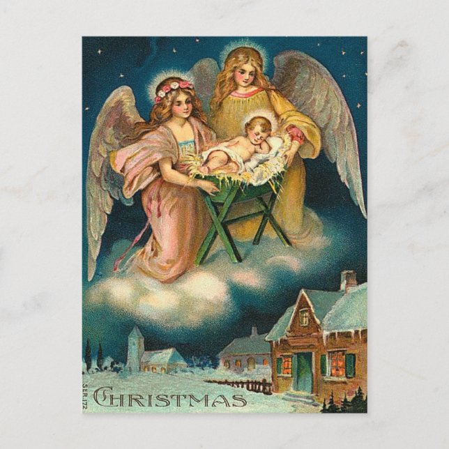 Vintage Christmas Angel Nativity Holiday Postcard (Front)