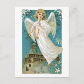 Vintage Christmas Angel playing Trumpet Holiday Postcard