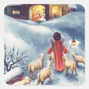 Vintage Christmas Angel Shepherd Nativity Square Sticker