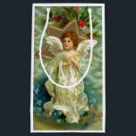 Vintage Christmas Angel Small Gift Bag<br><div class="desc">Beautiful Christmas angel in flowing white robe and wings,  surrounded by gold star and holly on cloud background. Matching cards and address labels available.</div>
