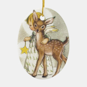 Vintage Christmas Angel With Baby Deer Ceramic Tree Decoration