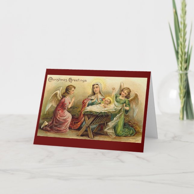 VINTAGE CHRISTMAS angels baby Jesus manger Holiday Card (Front)