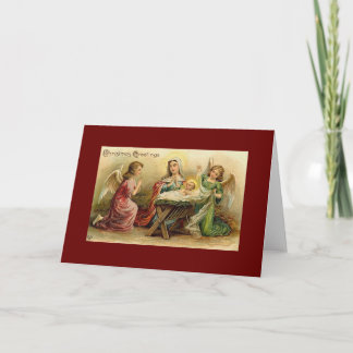 VINTAGE CHRISTMAS angels baby Jesus manger Holiday Card