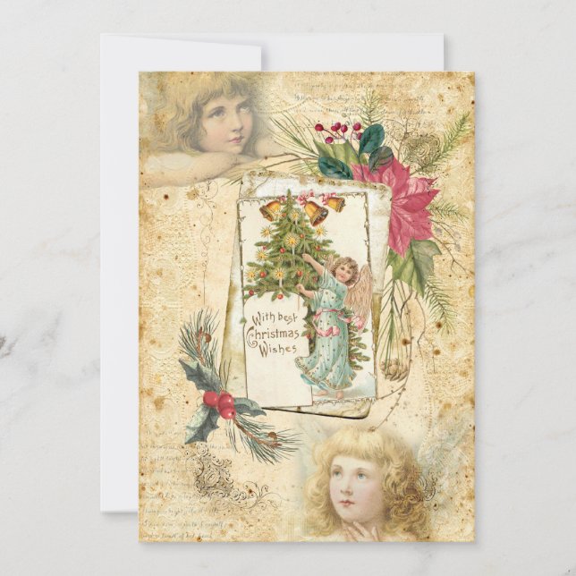 Vintage Christmas Angels, Holly & Poinsettias Holiday Card (Front)