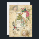 Vintage Christmas Angels, Holly & Poinsettias Holiday Card<br><div class="desc">Lovely collage design featuring vintage winged angels,  ornate etched frame,  antique greeting card on aged paper,  handwritten text and sprays of holly,  pine and poinsettias on a distressed grungy parchment background.</div>