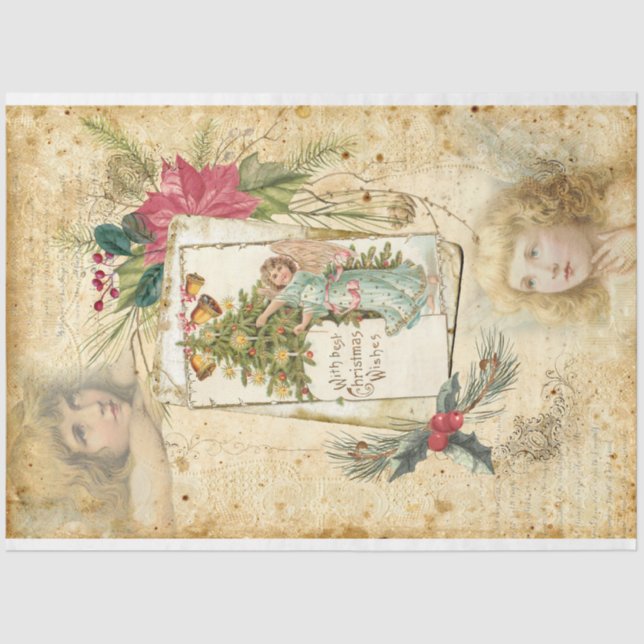Vintage Christmas Angels, Holly & Poinsettias Tissue Paper (Front)